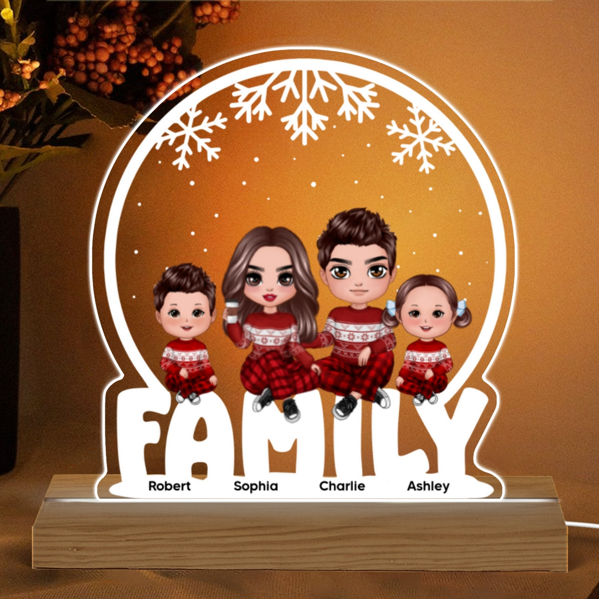 Doll Family Sitting Snow Globe Personalized Acrylic Custom Shape LED Night Light
