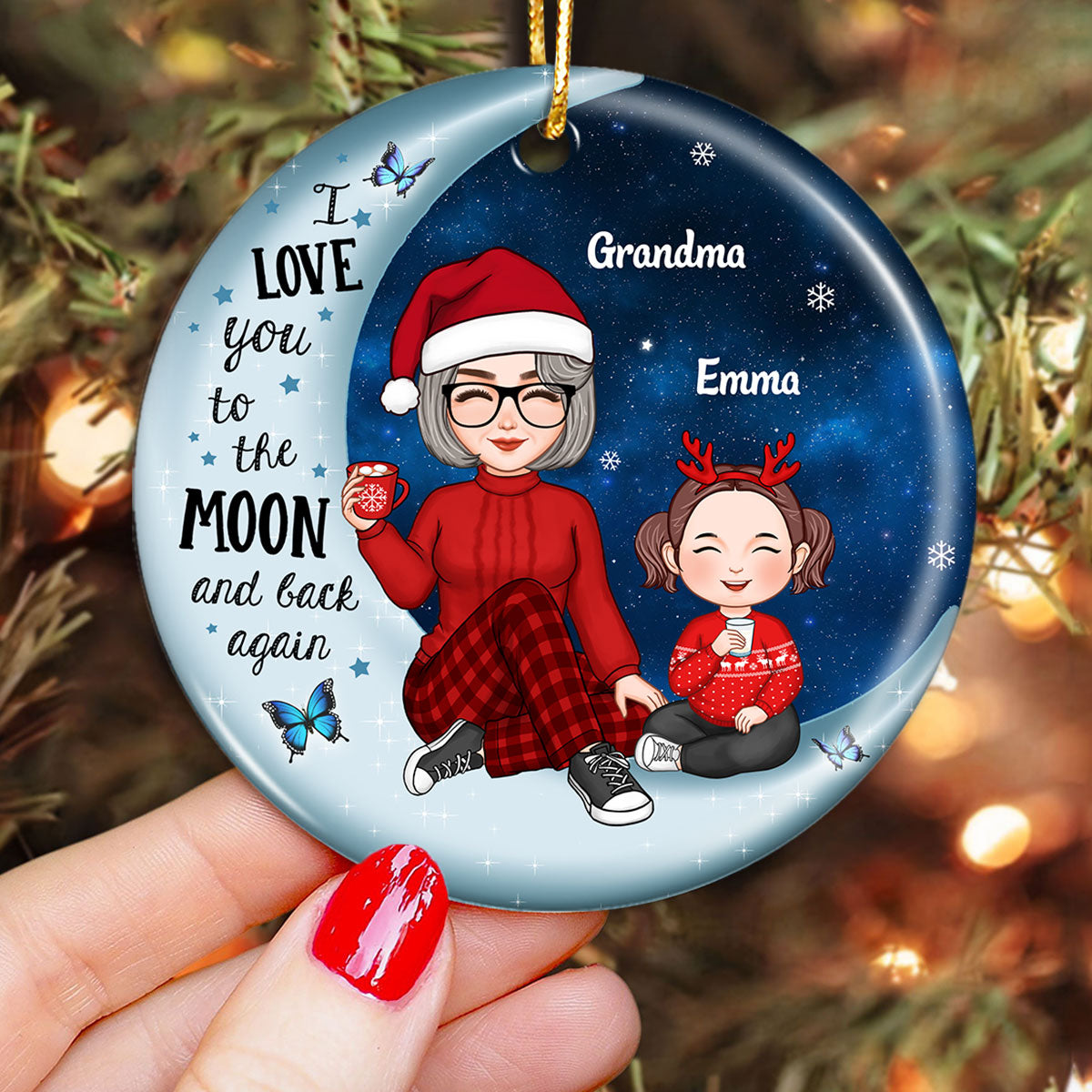 Cute Grandma & Grandkid On Moon Christmas Gift Personalized Circle Ornament