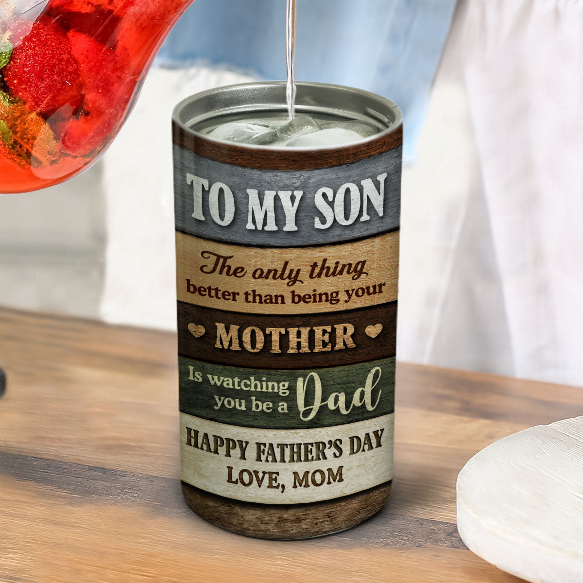 Colored Wood Pallets To My Son From Mom Personalized Can Cooler, Father's Day Gift For Son