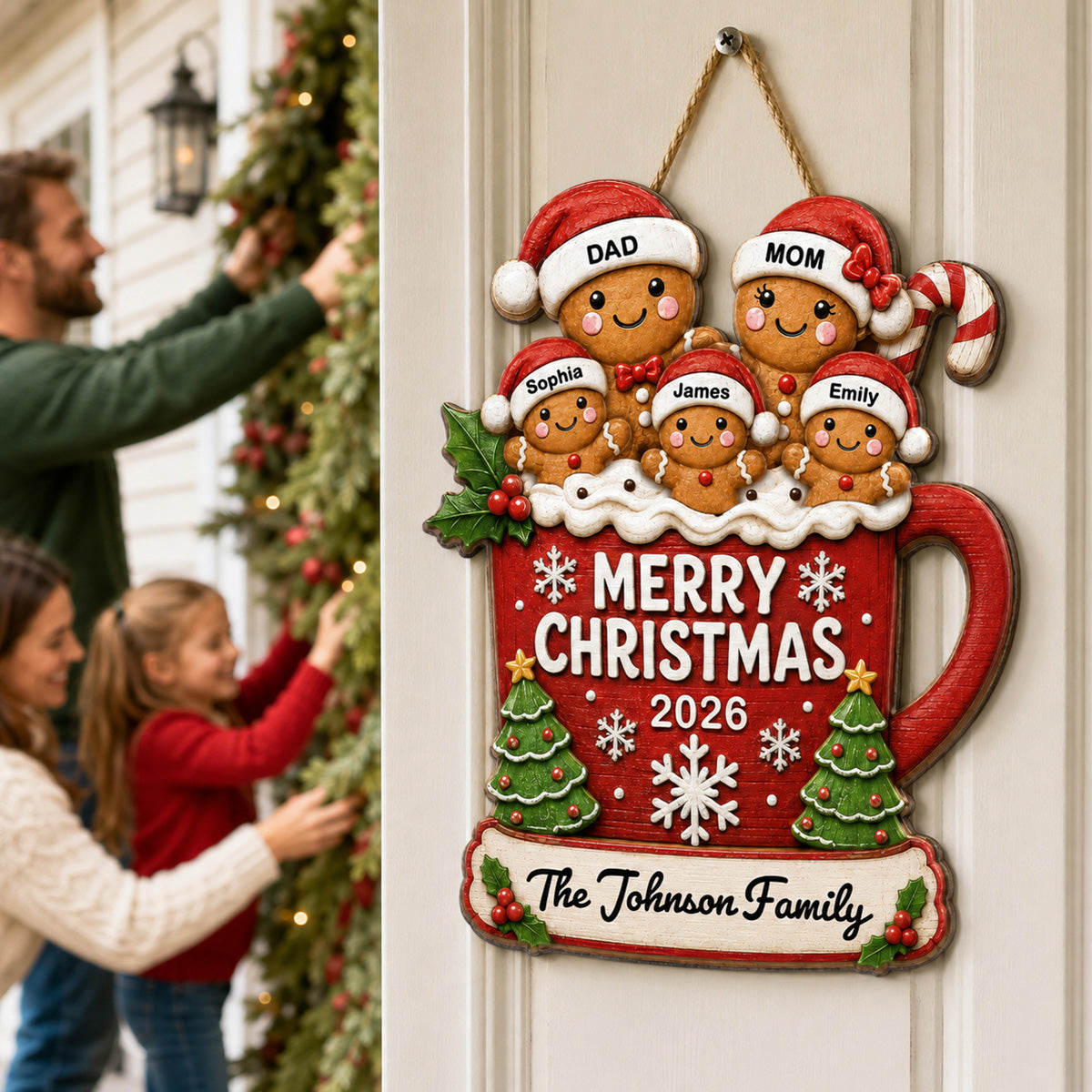 Gingerbread Family In Hot Cocoa 2D Flat - Personalized Wood Sign - Christmas Decor For Family