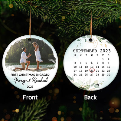 Our First Christmas Engaged Ornament, Custom Photo Ornament Calendar Christmas Gift for Couple, Engagement Gifts Personalized 2-Sided Circle Ornament