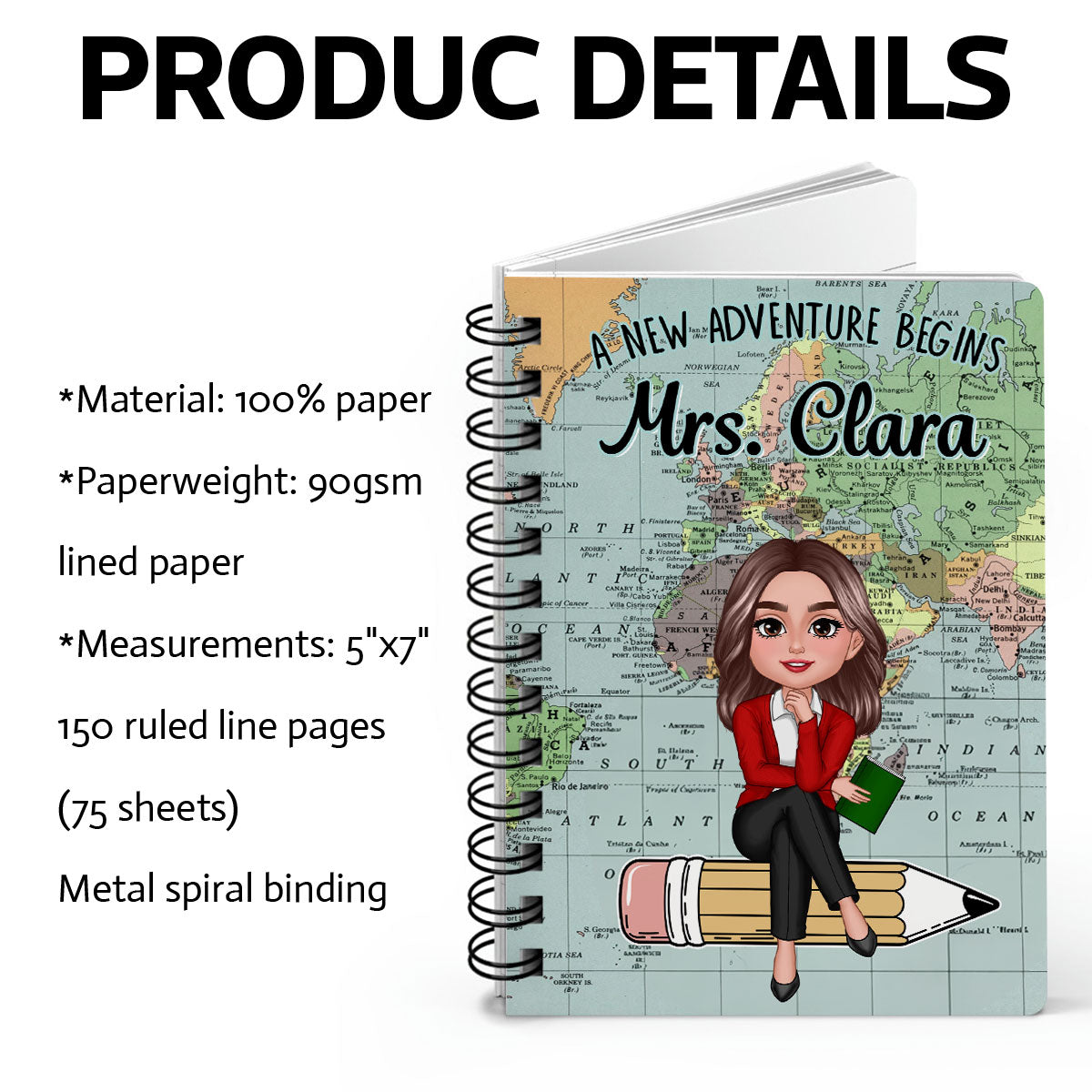 World Map Adventure Themed Teacher Sitting On Pencil Personalized Spiral Notebook Journal, Back To School Stationery