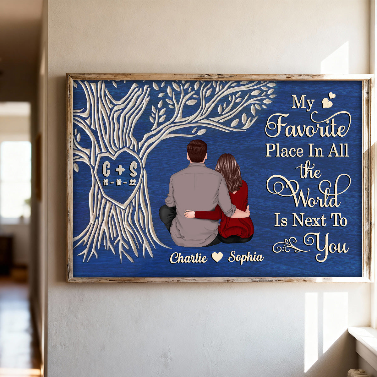 Favorite Place Next To You Couple Sitting Under Heart Carved Tree - Personalized Poster - Anniversary Gift, Valentine's Gift For Him, For Her