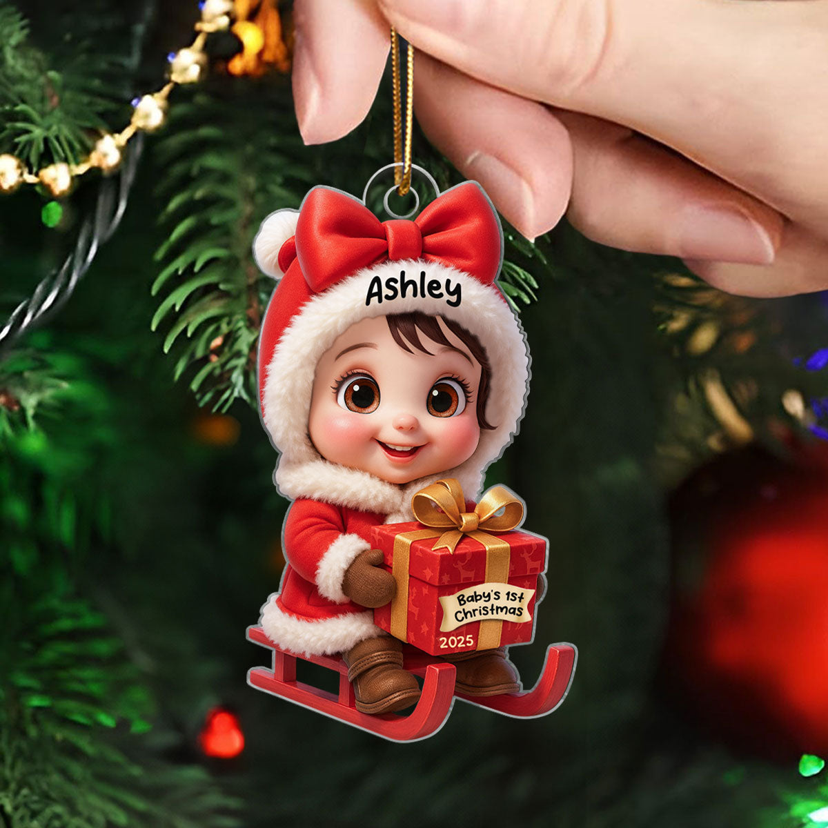 Baby Festive Cheer on a Sled Personalized Acrylic Christmas Ornament, 2025 Keepsake for Newborn