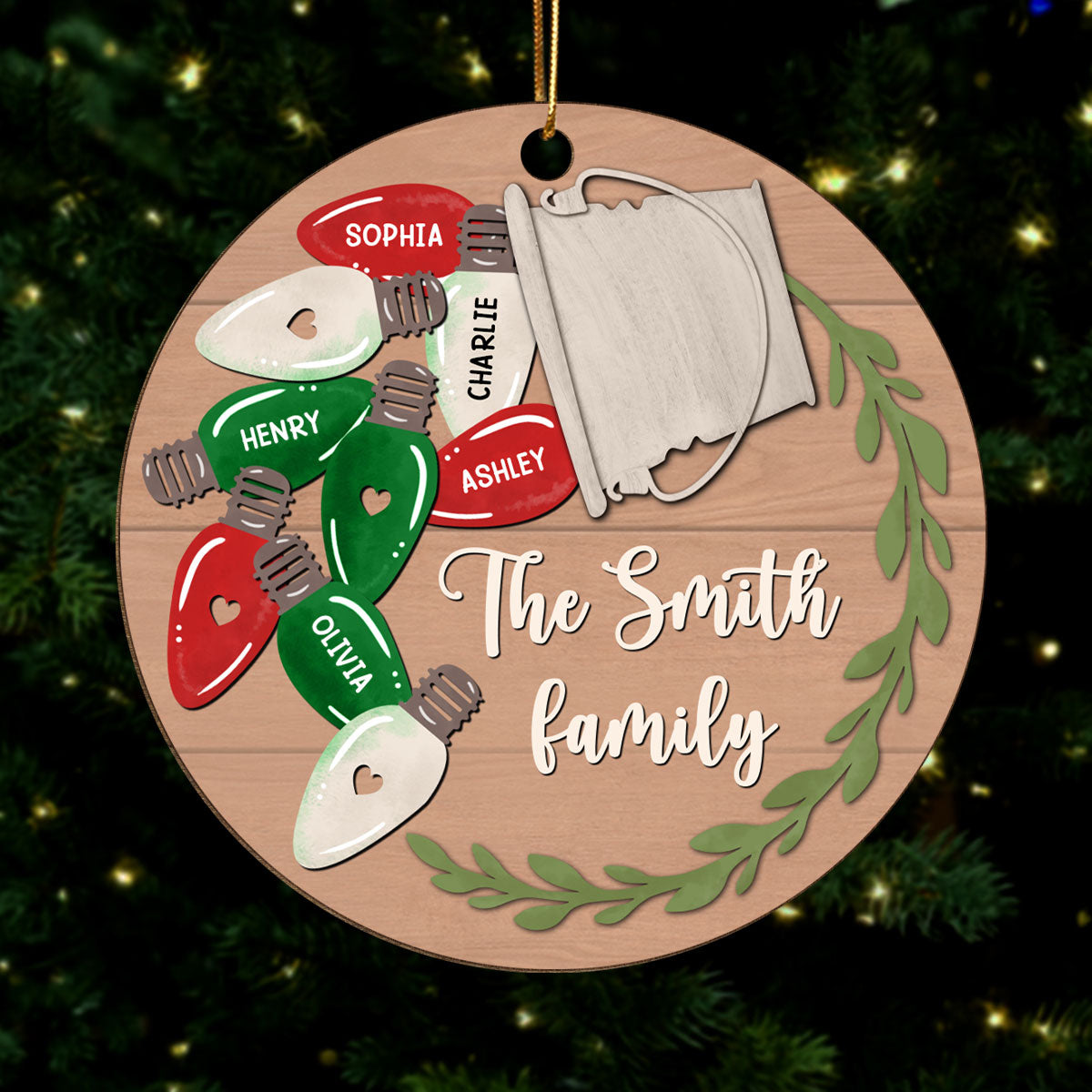 Christmas Light Family Personalized Wooden Ornament