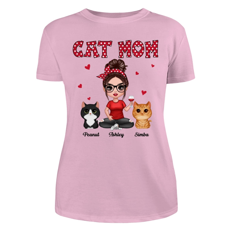 Watercolor Cute Cats Polka Dot Pattern Doll Cat Mom Personalized Shirt