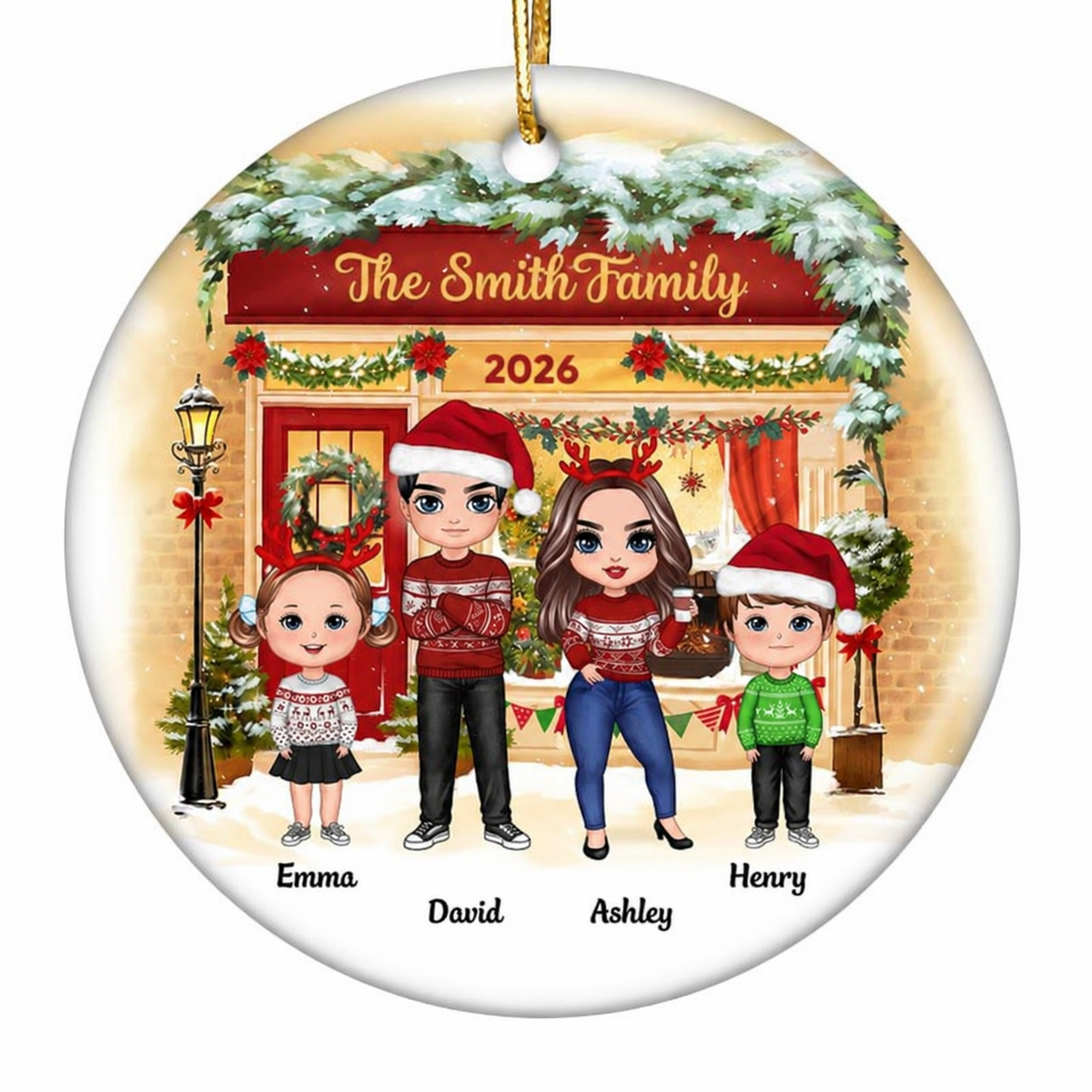 Family Standing On Front Porch Christmas Personalized Circle Ornament