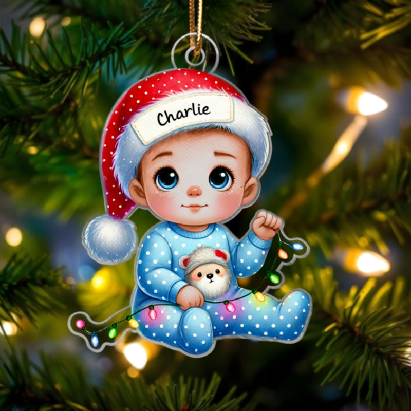 Cute Baby Sitting Personalized Acrylic Custom Shaped Ornament, Baby's First Christmas Keepsake for New Mom New Dad