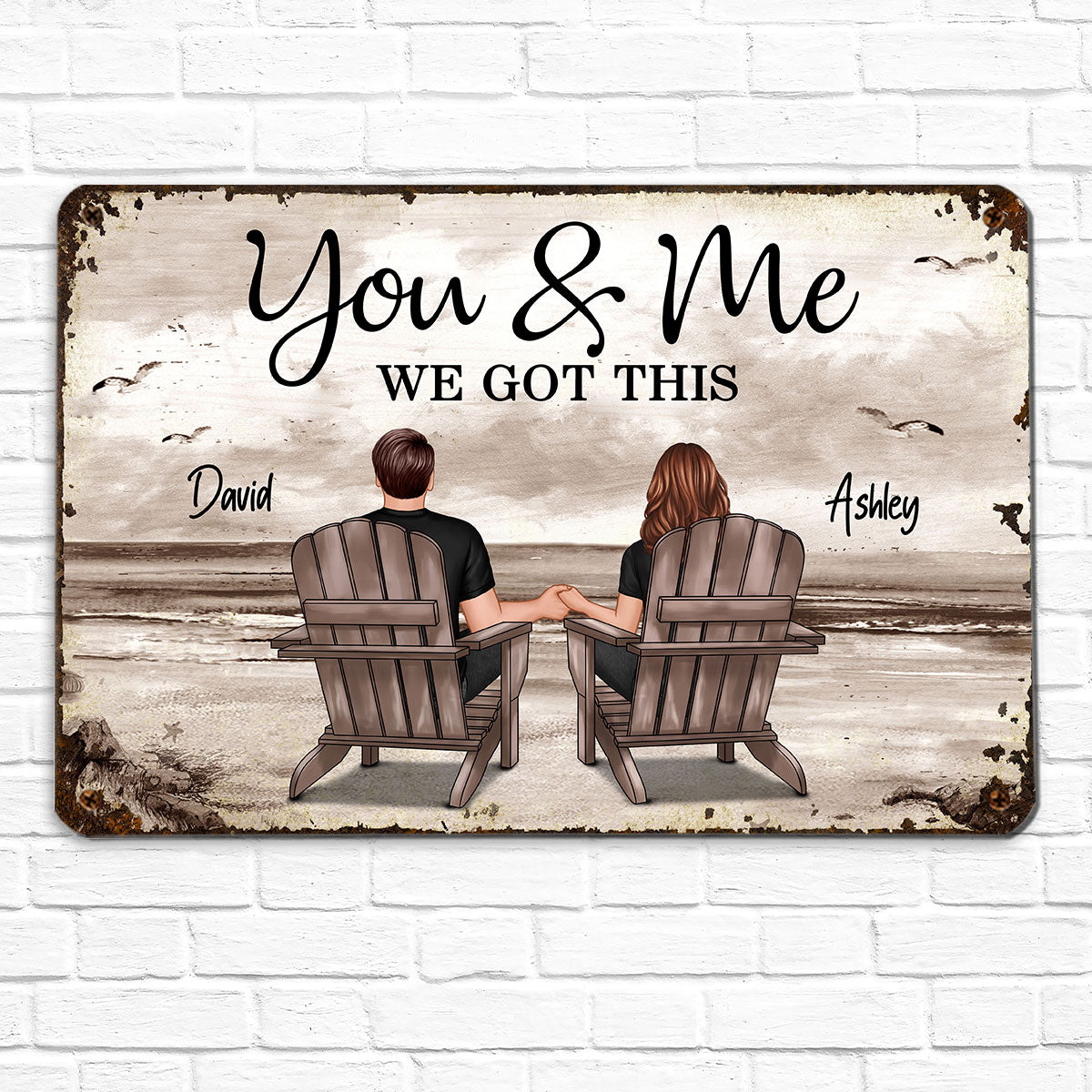 Retro Vintage Back View Couple Sitting Beach Landscape Personalized Metal Sign