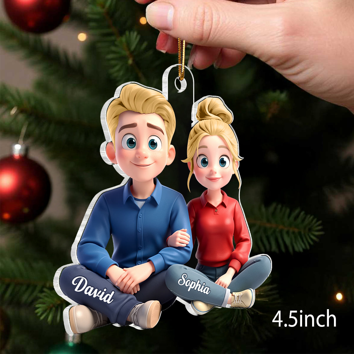 Cartoon Couple Sitting Together - Personalized Acrylic Ornament - Christmas Gift for him, Gift for her