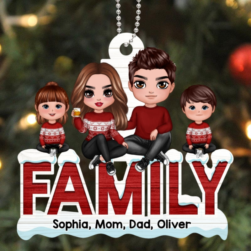 Doll Family Sitting On Word Personalized Wooden Ornament