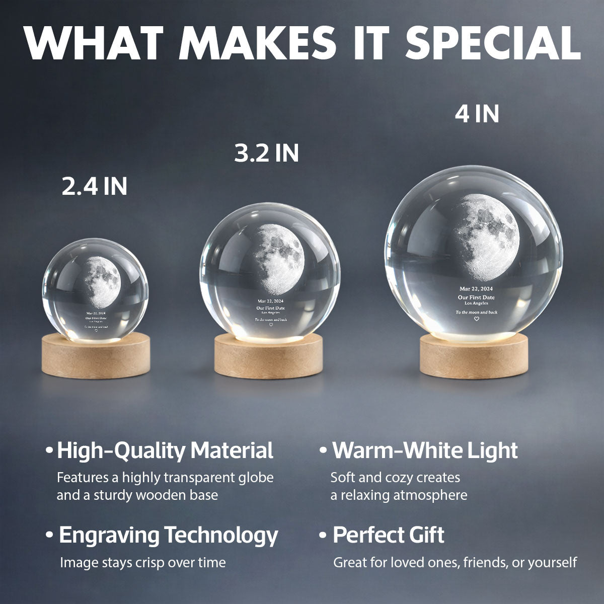 Couple Love to the Moon and Back Moon Phase by Date - Personalized Crystal Ball LED Night Light - Sentimental Valentine's Day Gift for Her, for Him