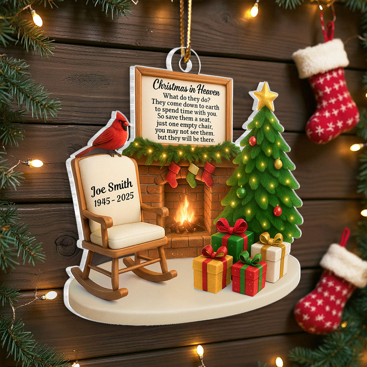 Christmas In Heaven Cardinal On Chair 3D Effect Personalized Acrylic Ornament, Heartwarming Memorial Sympathy Gift
