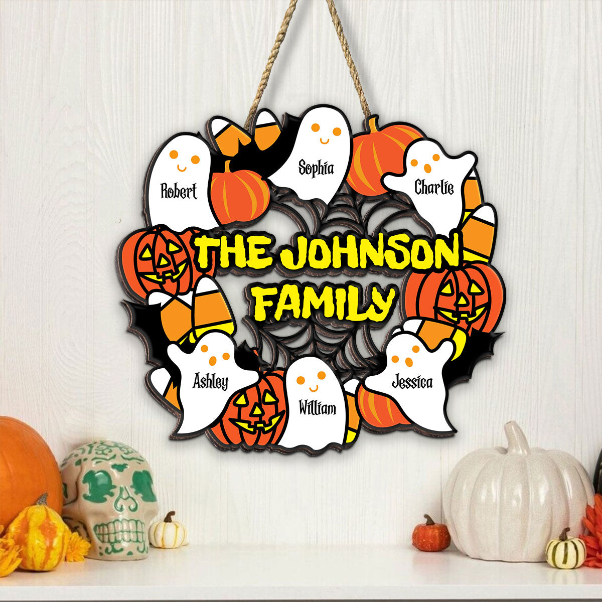Halloween Family Wreath Shaped Personalized Wood Sign