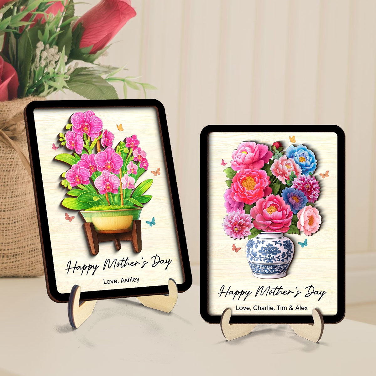 Flower Bouquet Personalized 2-Layer Wooden Plaque, Heartfelt 2025 Gift For Mom, For Grandma, For Wife