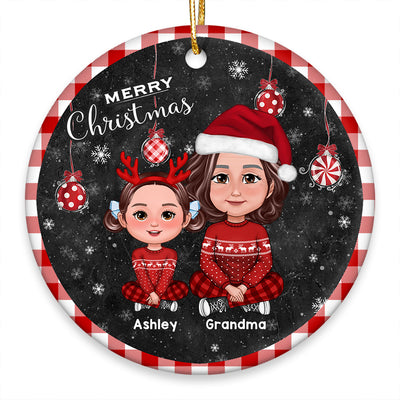 Checkered Patterned Frame And Ornaments Grandma Grandkids Personalized Cirlce Ornament