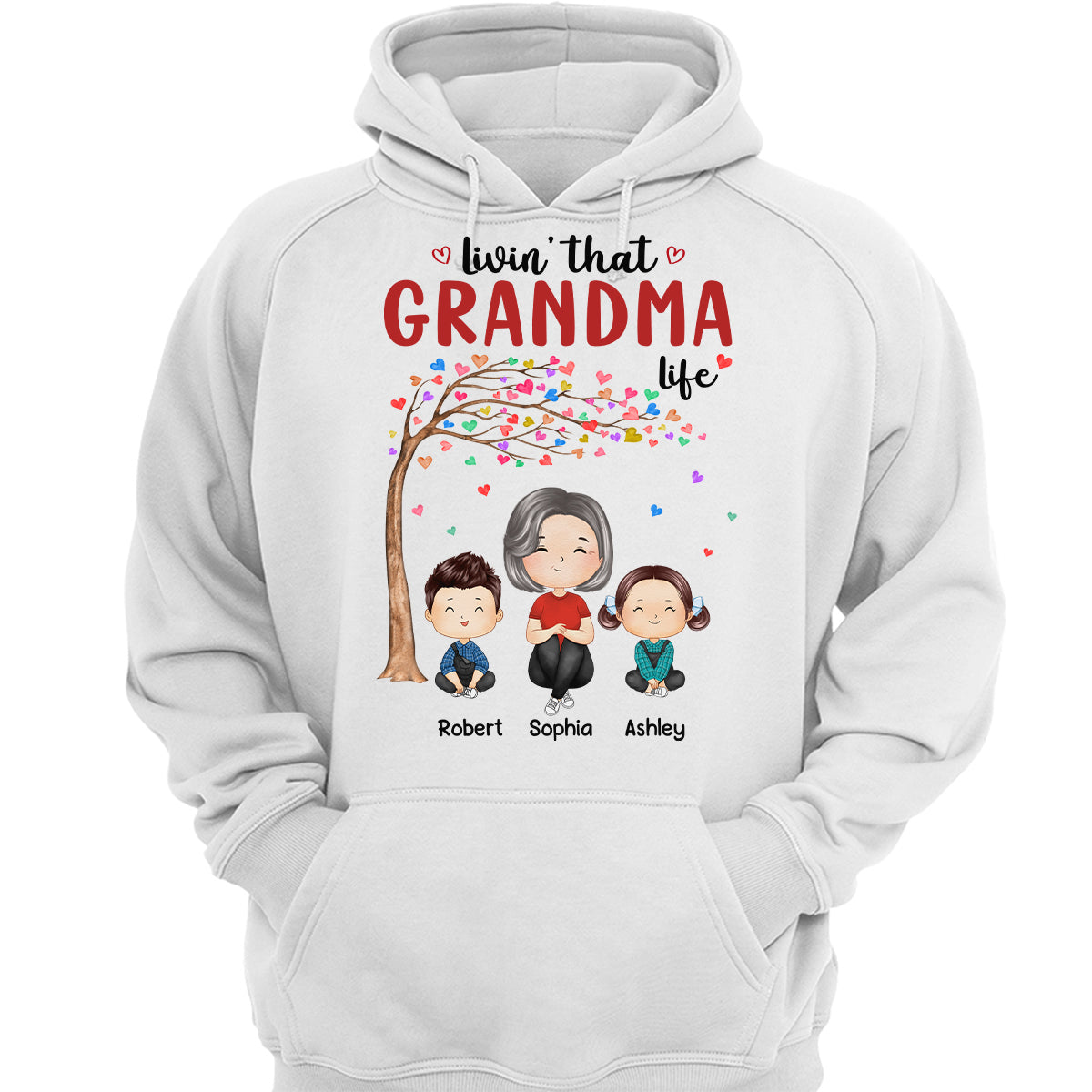 Doll Grandma And Grandkids Watercolor Style Sitting Under Heart Tree Personalized Shirt
