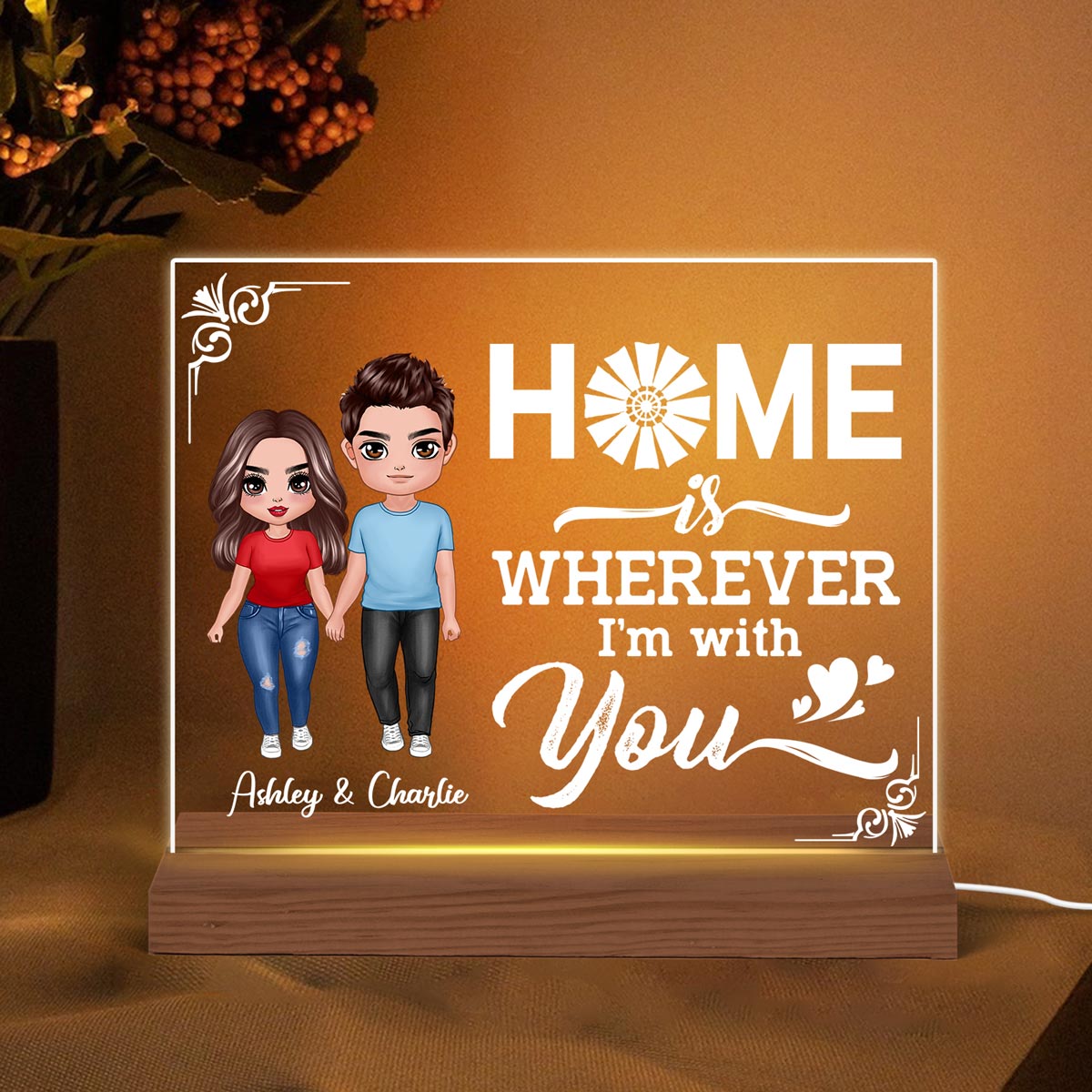 Home Is Wherever I‘m With You Couple Personalized Custom Shape LED Night Light - Gift For Him Gift For Her