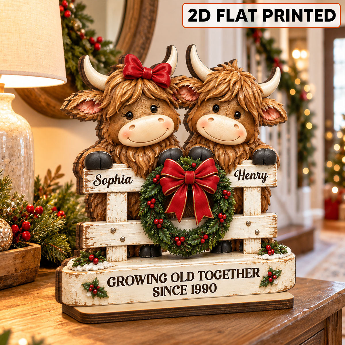 Happy Highland Cows Couple Christmas Fence - Personalized 2-Layered Wooden Plaque - Christmas Gift For Couple