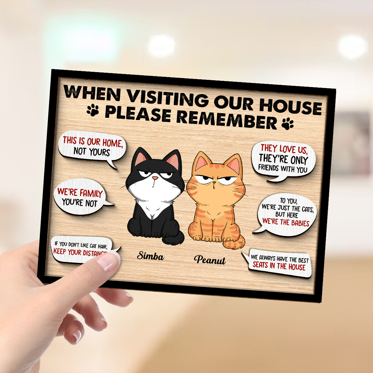 Remember When Visiting Cats House Funny Cats Expression Personalized 2-layer Wooden Plaque