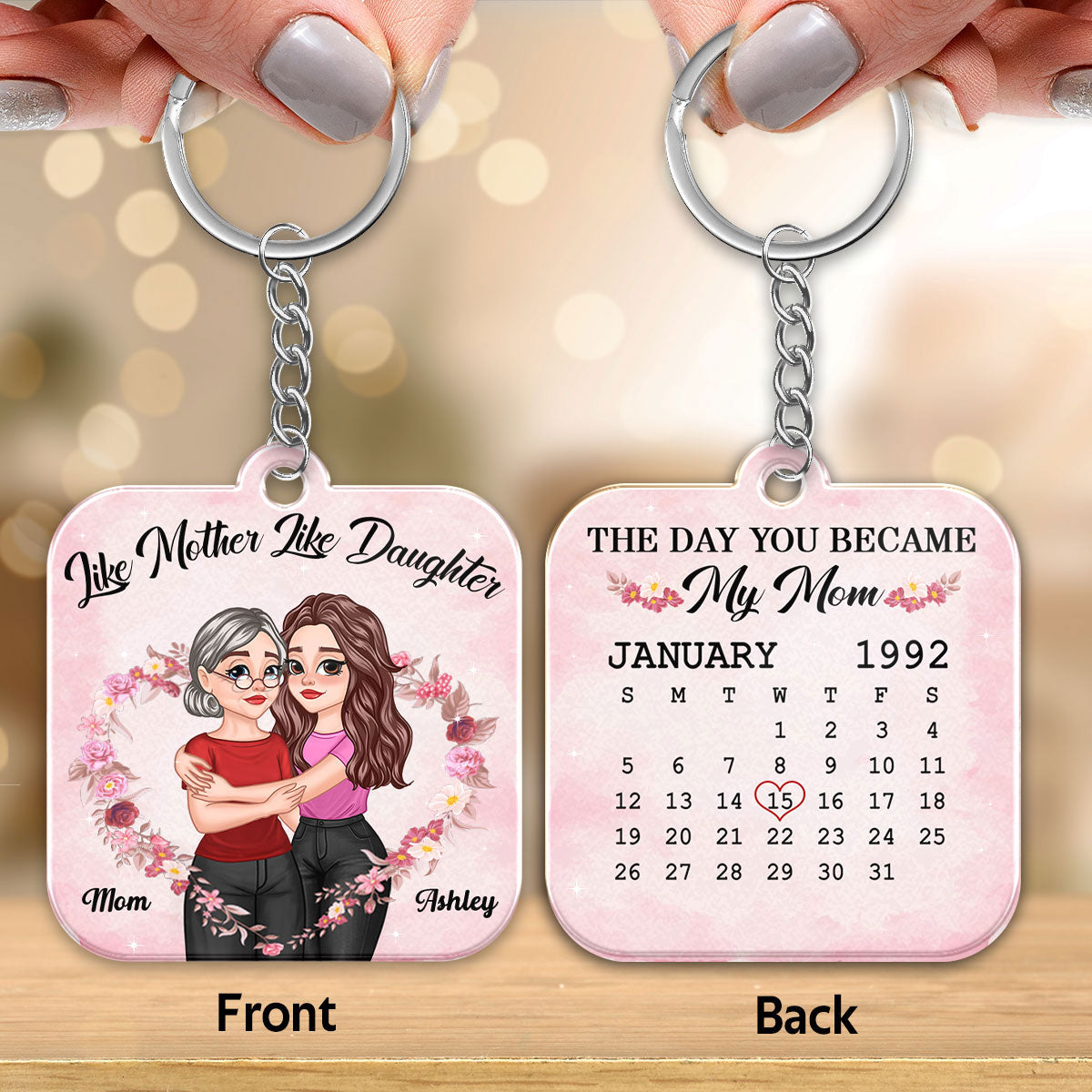 Cartoon Hugging Mother Daughter Calendar Date Personalized Acrylic Keychain