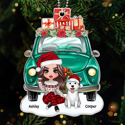 Dog Mom Sitting Front Christmas Car Personalized Acrylic Ornament
