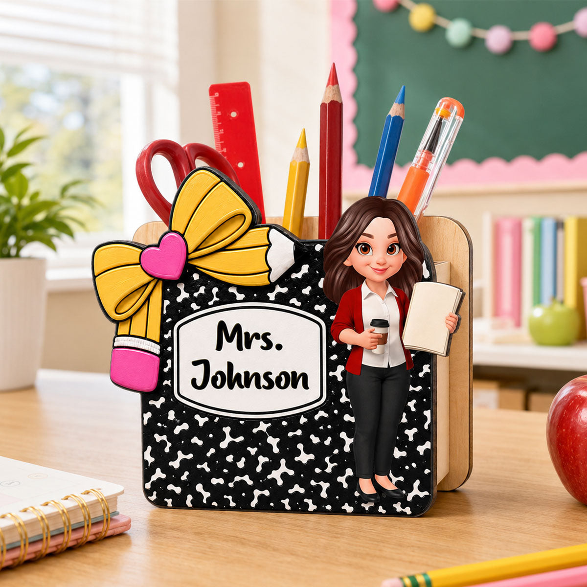 Cute Teacher Notebook Pencil - Personalized Pencil Holder - Back To School Gift For Teacher, Classroom Decor