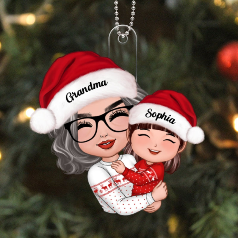 Doll Grandma Mom Hugging Kid Christmas Gift For Granddaughter Grandson Personalized Acrylic Ornament