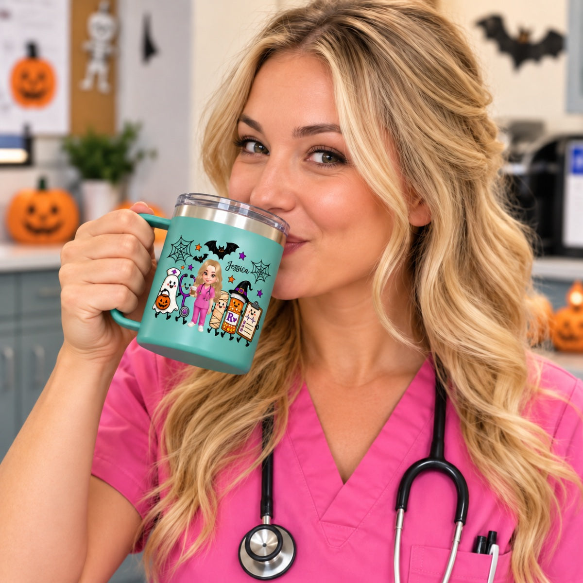 Halloween Cute Nurse Things - Personalized Stainless Steel Tumbler With Handle - Halloween Tumbler For Nurse