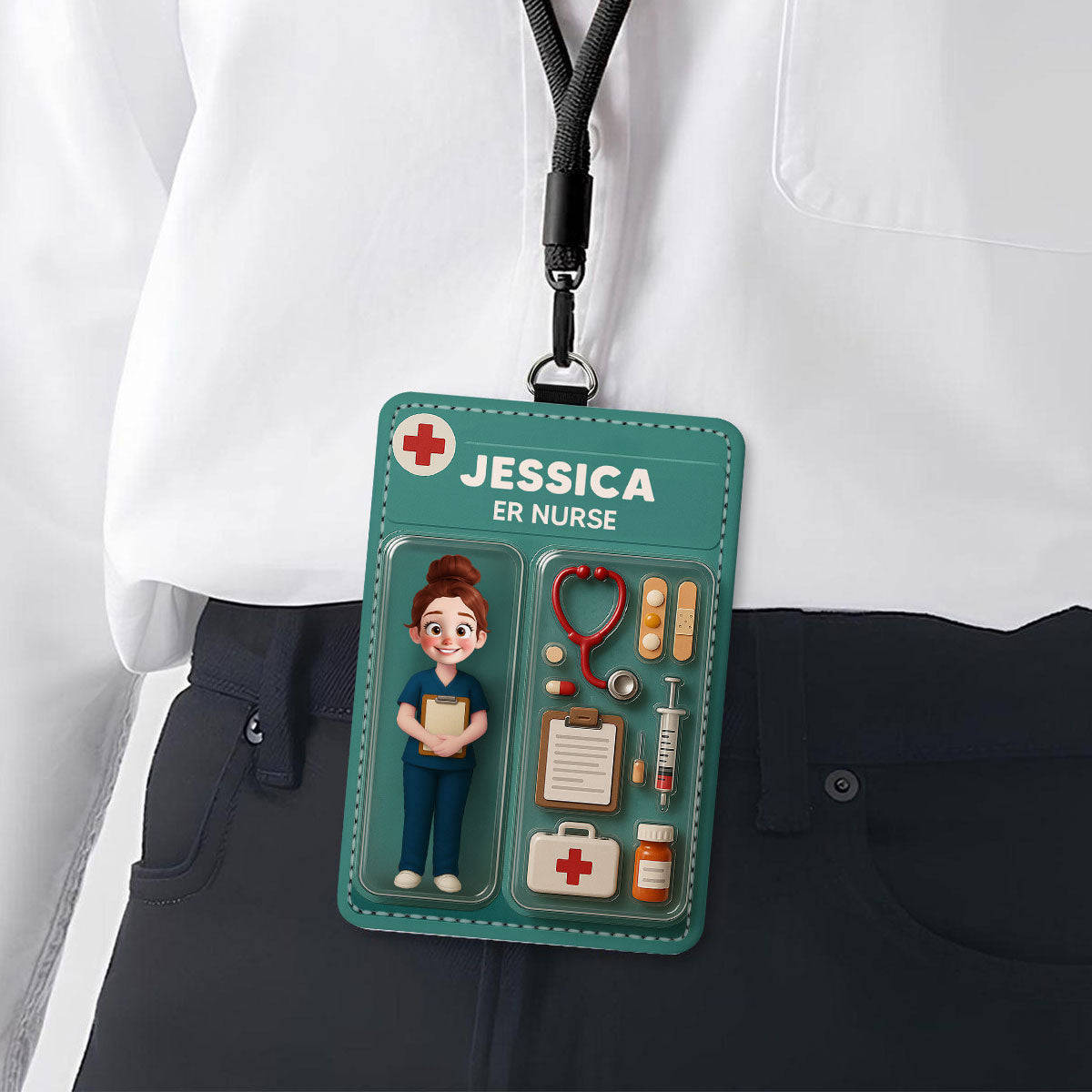 3D Effect Nurse Job Title Figure Style Personalized ID Badge Holder, Gift For Nurse CNA CMA