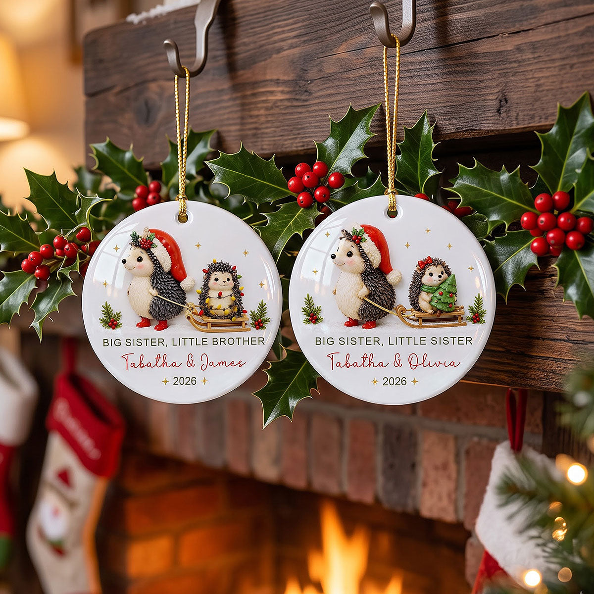 Big Sister Little Brother Sister Hedgehog 2D Flat - Personalized Ceramic Ornament - Christmas Keepsake