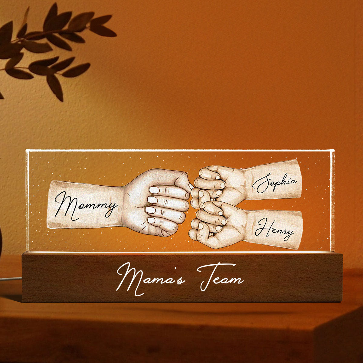 Mama's Team Fist Bump Personalized Acrylic LED Night Light, Gift For Mom, Grandma