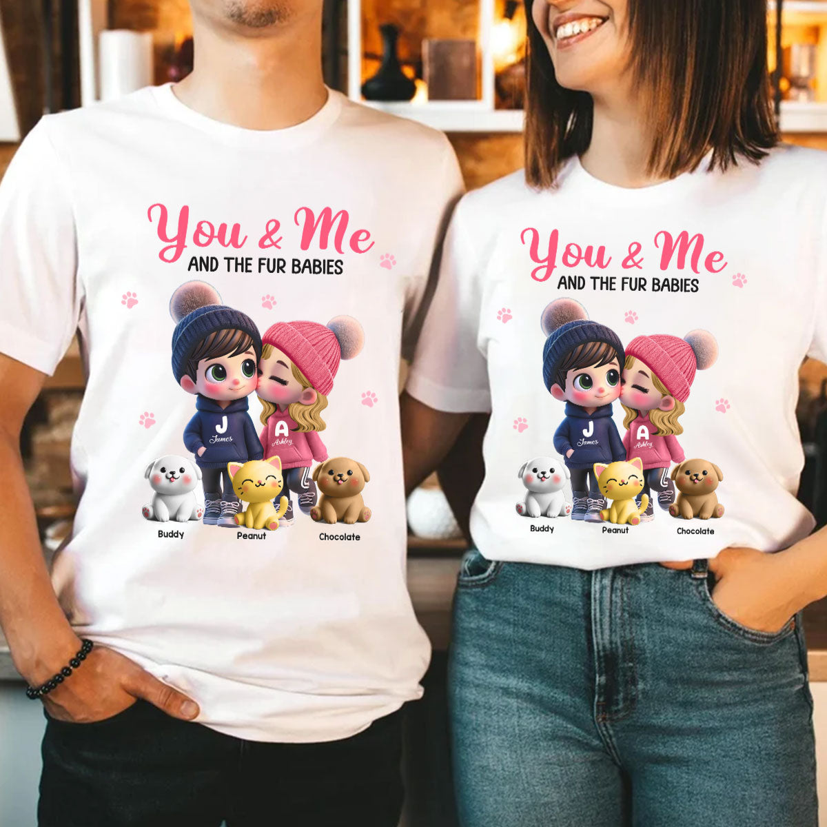 You Me And The Dog Cat Cute Cartoon Couple Walking Personalized Shirt, Just Because, Anniversary,  Gift for her, gift for him