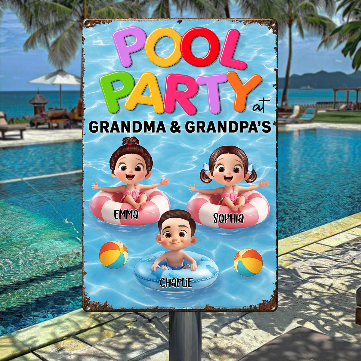 Pool Party at Grandma & Grandpa Personalized Metal Sign, Grandkids Summer Sign