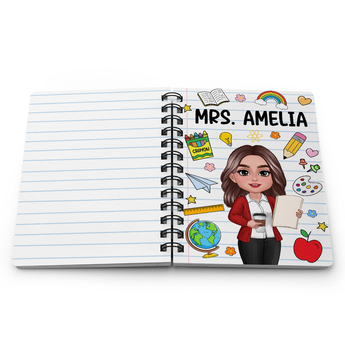 School Things Notebook Page Teacher Name Personalized Spiral Notebook Journal, Back To School Stationery