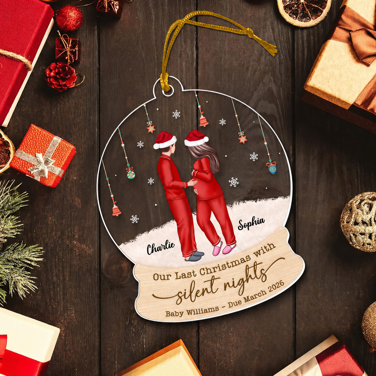Last Christmas With Silent Nights, Expecting Family, Baby Coming Soon, Pregnancy Announcement Personalized Acrylic Ornament