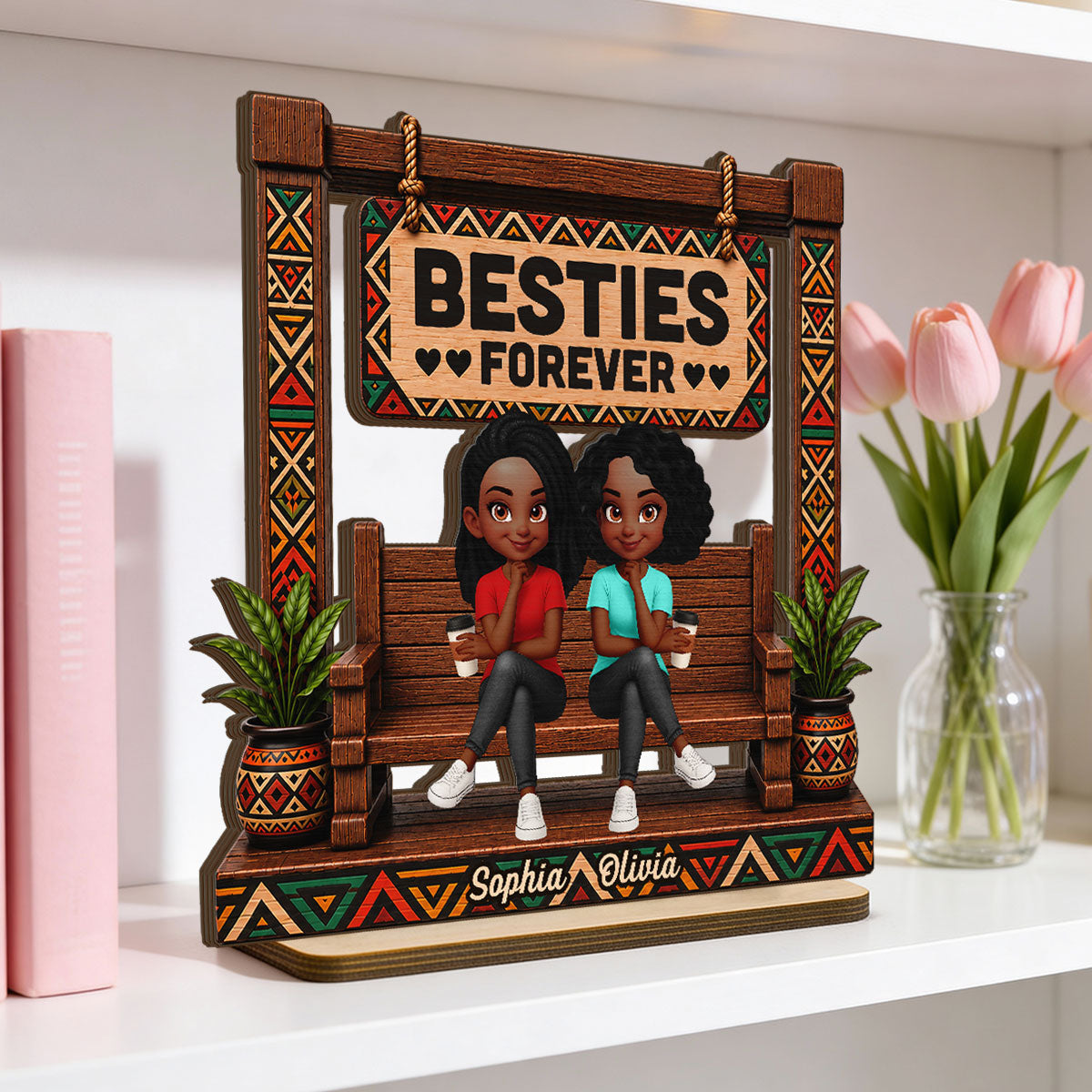 Tribal Patterns Besties Forever - Personalized 2-Layered Wooden Plaque - Birthday Gift, Gift For Best Friends