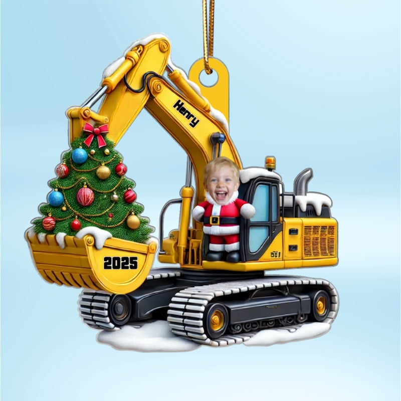 Personalized Xmas Excavator Construction Backhoe Kid Photo Ornament, 3D Effect Xmas Gift For Kids