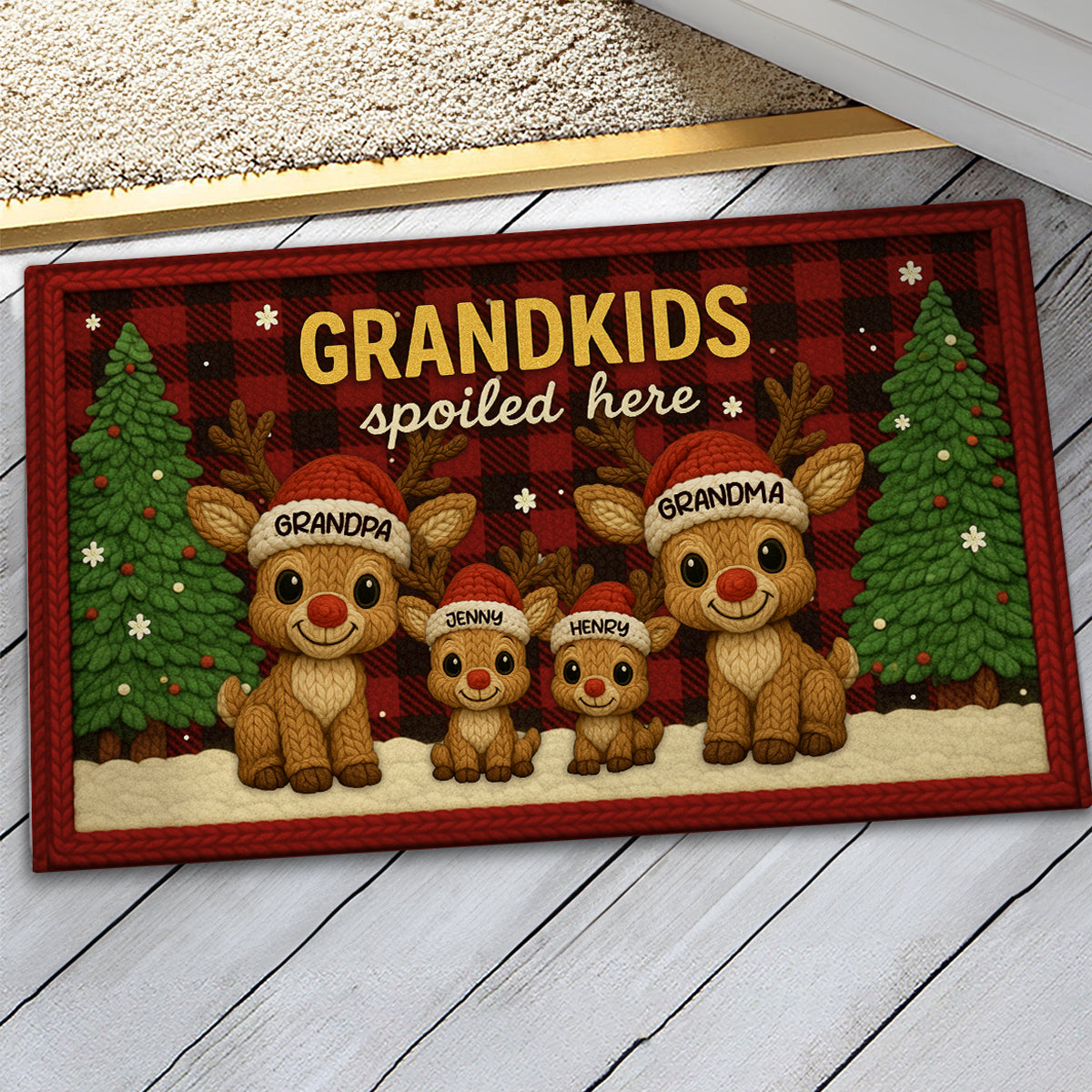 Grandma Grandpa Reindeers Crochet Faux Yarn Texture - Personalized Doormat - Christmas Decoration