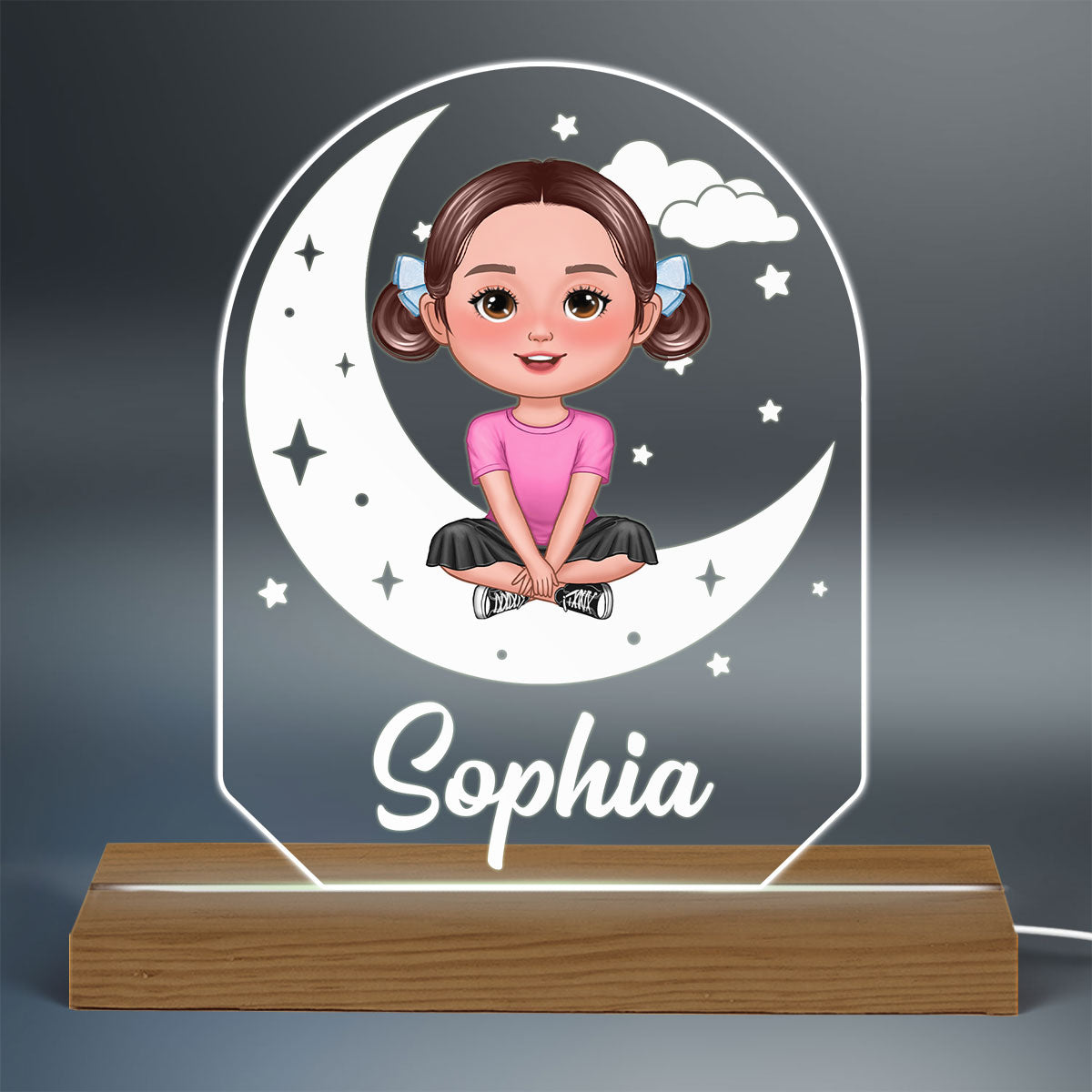 Cute Kid Sitting Crossed Legs On Moon Stars Gift For Kid Personalized Custom Shaped Acrylic Plaque With LED Night Light
