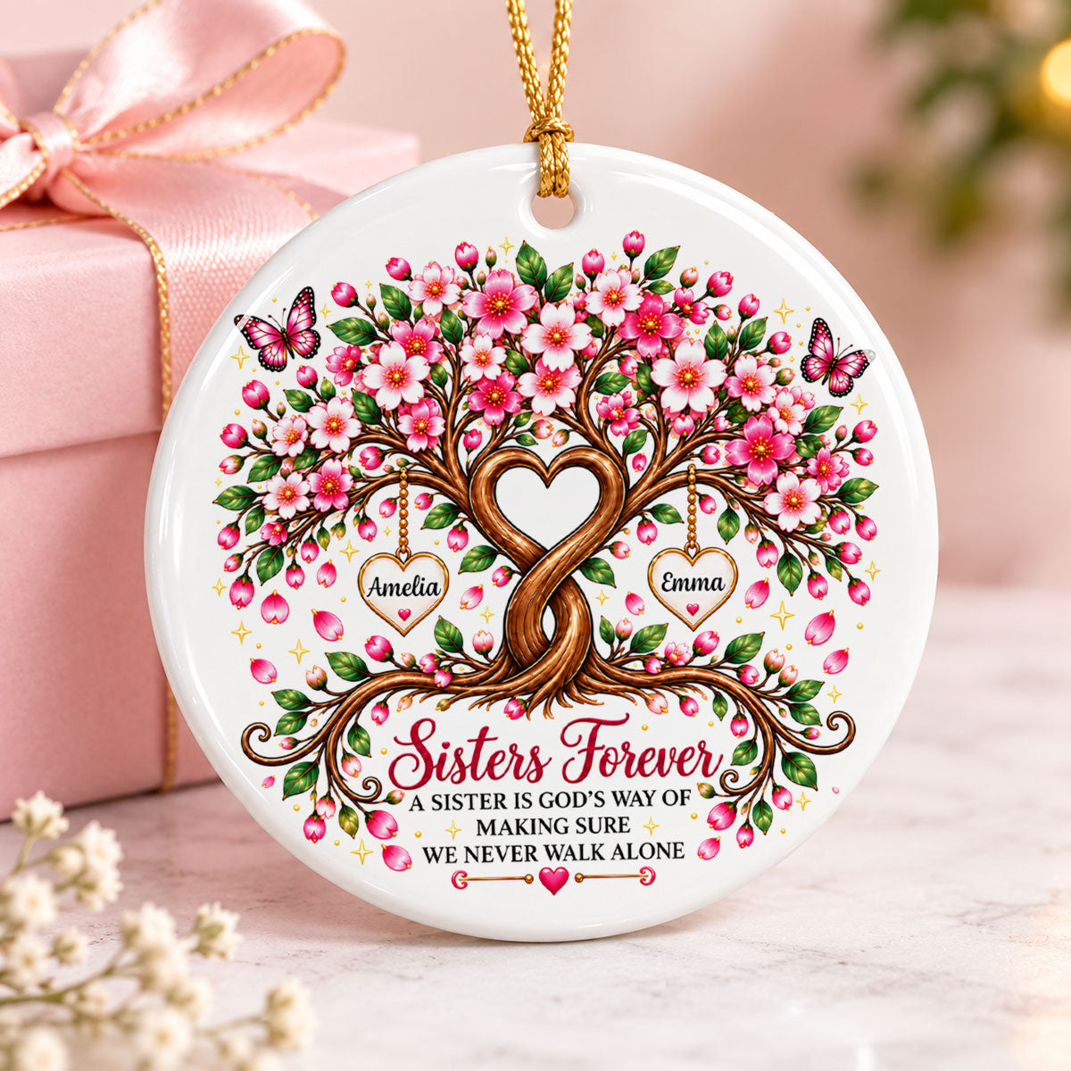 Sisters Forever Heart Tree - Personalized Ceramic Ornament - Christmas Gift for Sisters, Siblings