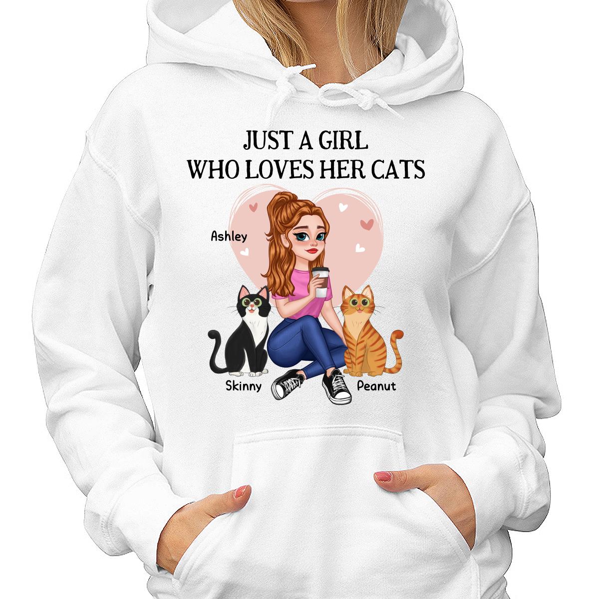 Just A Girl Who Loves Cats Pretty Cartoon Girl Sitting With Cats Personalized Shirt