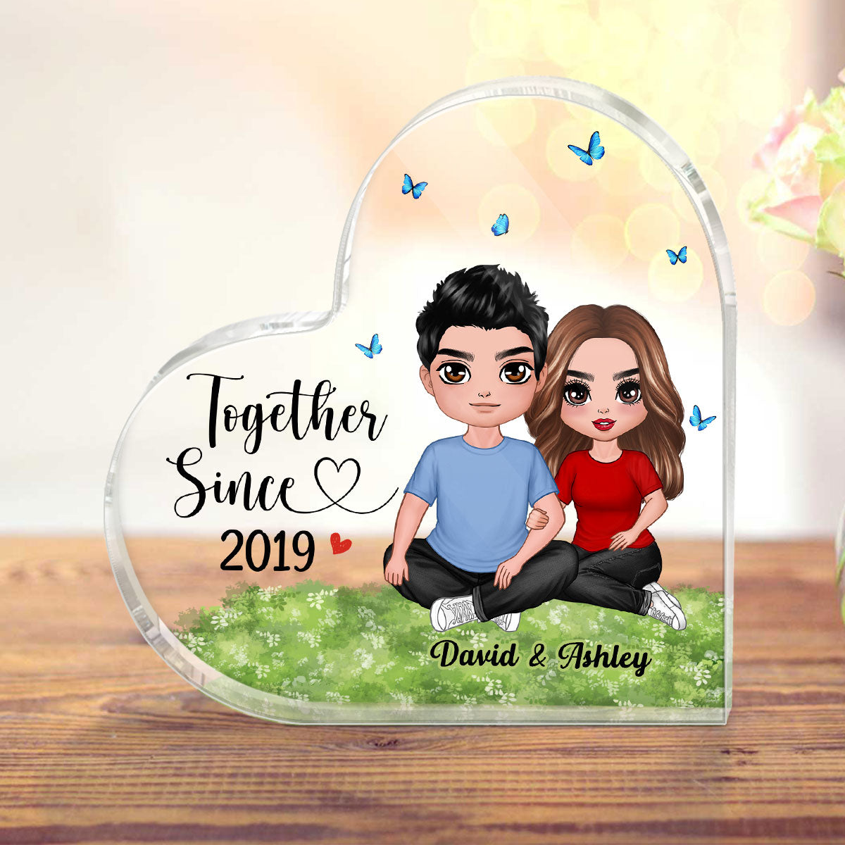 Embracing Couple Sitting On Grass Personalized Heart-Shaped Acrylic Plaque