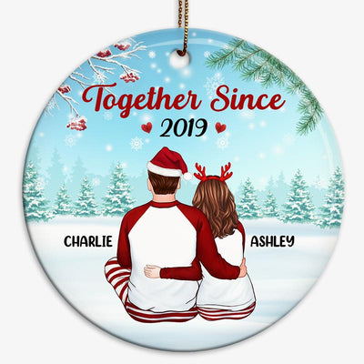 Pajamas Back View Couple In Snow Personalized Circle Ornament