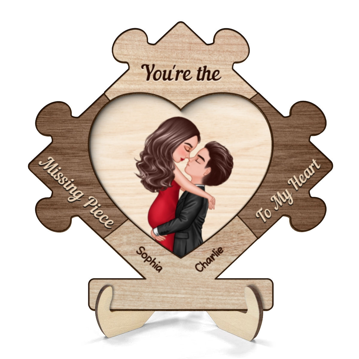 Couple Kissing In Puzzle Piece Personalized 2-layer Wooden Plaque,  Gift For Him, For Her