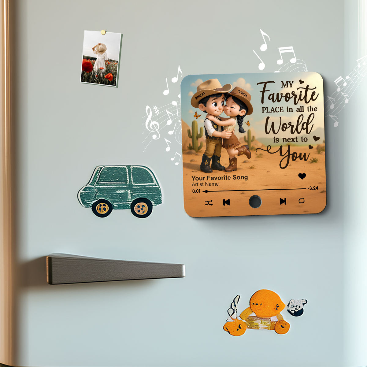 Favorite Place Is Next To You Cartoon Style Countryside Couple Cowboy Cowgirl Personalized Music Fridge Magnet
