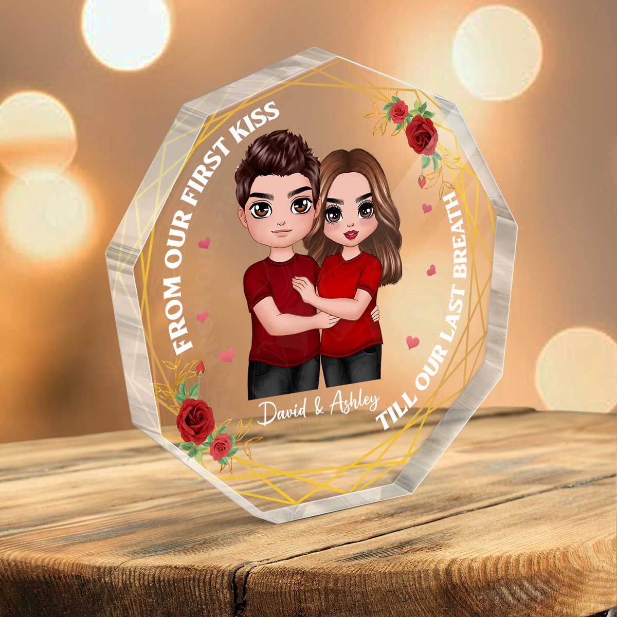Standing Embracing Doll Couple Flower Personalized Nonagon Acrylic Plaque - Gift For Him Gift For Her