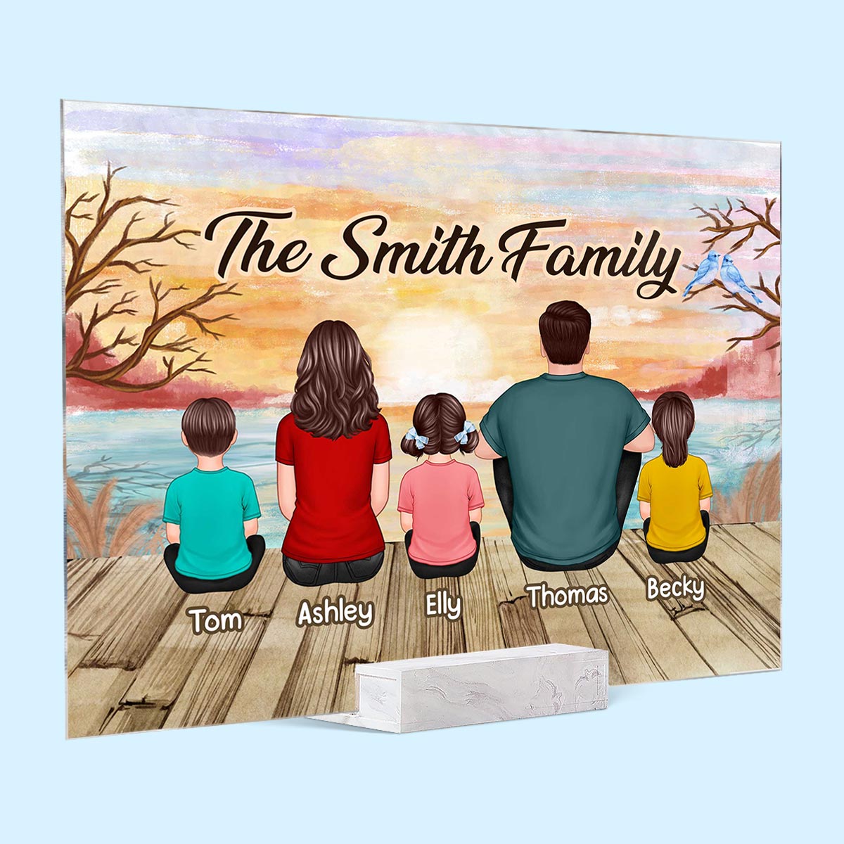 Lake View Whole Back View Family Grandma Grandpa Dad Mom Kids Dogs Cats Sitting Personalized Acrylic Plaque