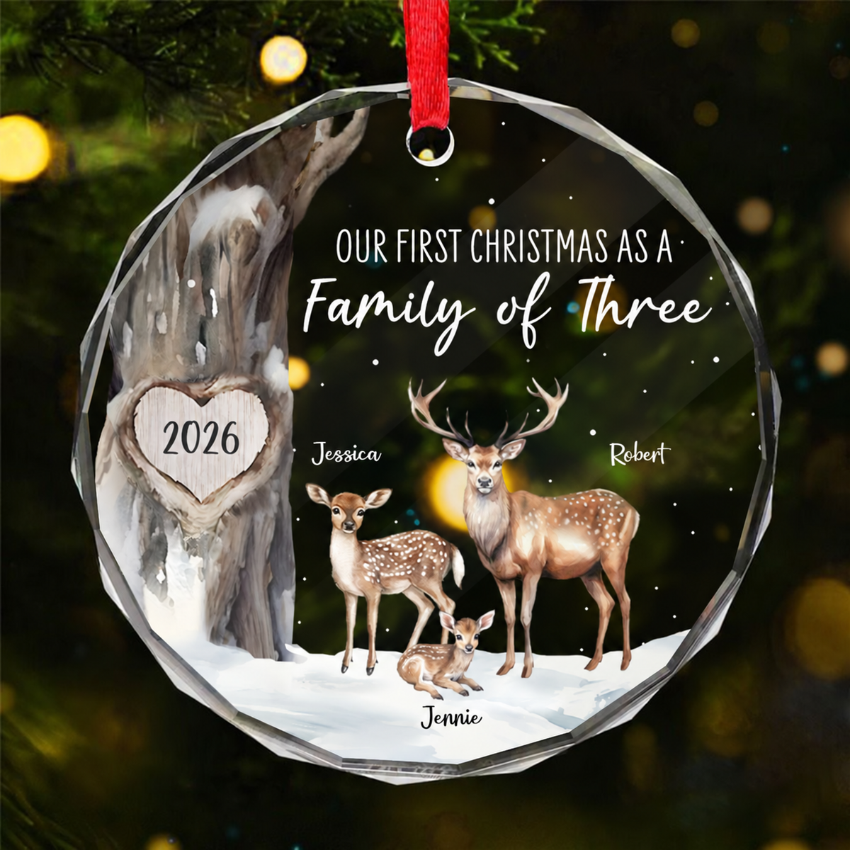 First Christmas As Family Of Three Deers Personalized Glass Ornament