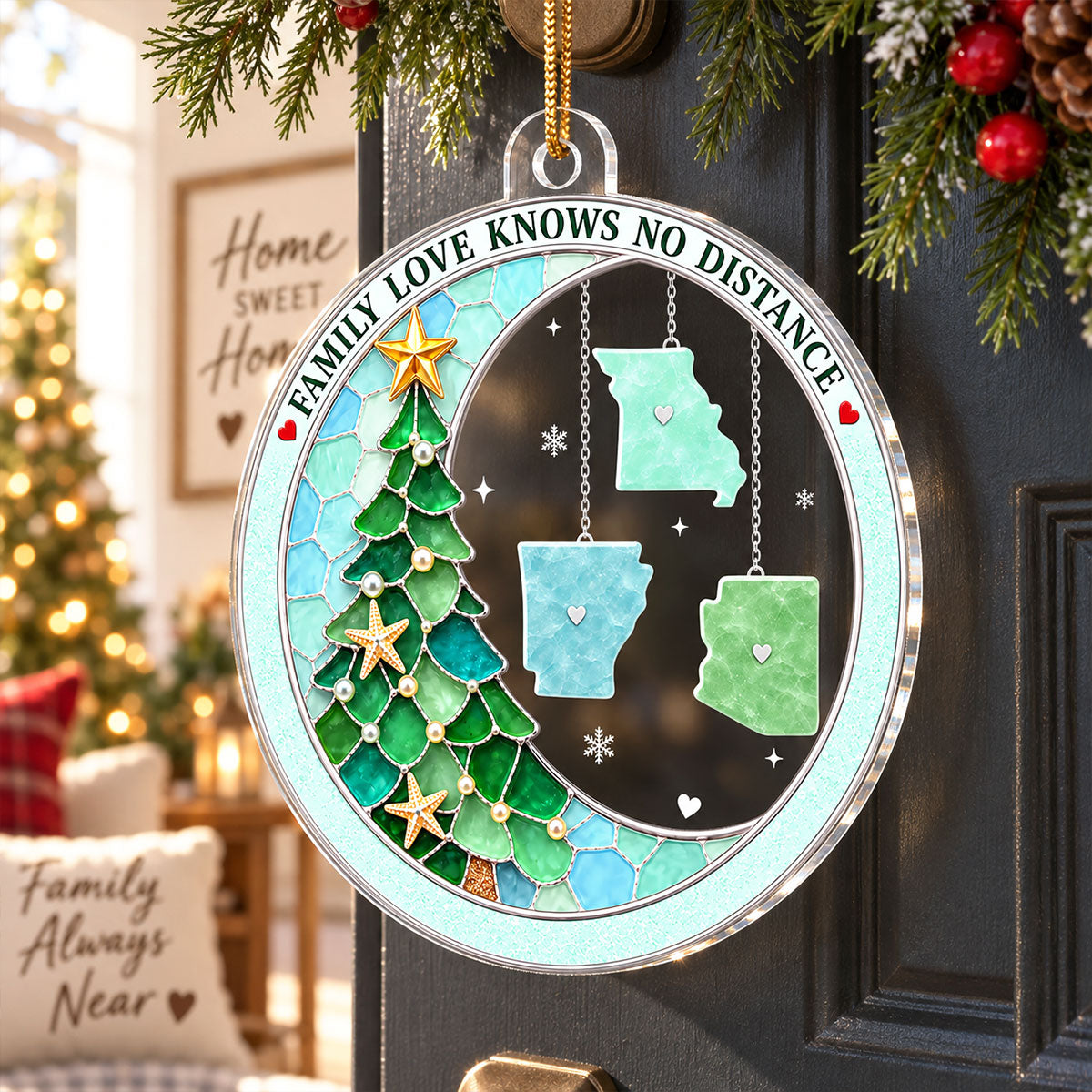 Family Love Knows No Distance State Hanging 2D Flat - Personalized Acrylic Ornament - Long Distance Gift